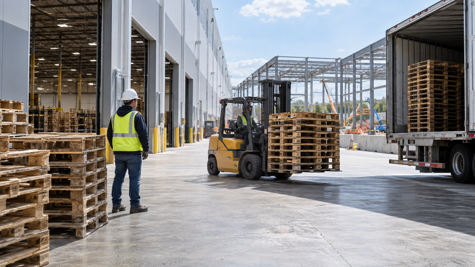 Cincinnati warehouse worker overseeing wooden pallet removal as a forklift loads a drop trailer during an expansion.