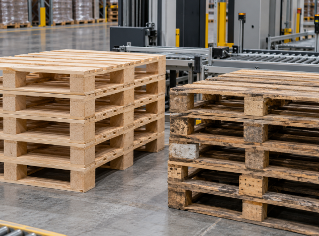 Clean and repaired wooden pallet stacks beside automated warehouse conveyor equipment.