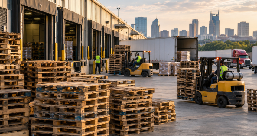 Forklift loading stacked wooden pallets into a drop trailer outside a Nashville warehouse for recurring pallet removal.