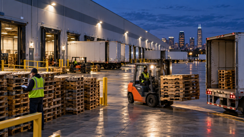 Forklift moving stacked wooden pallets toward a trailer during an evening shift at a distribution warehouse.