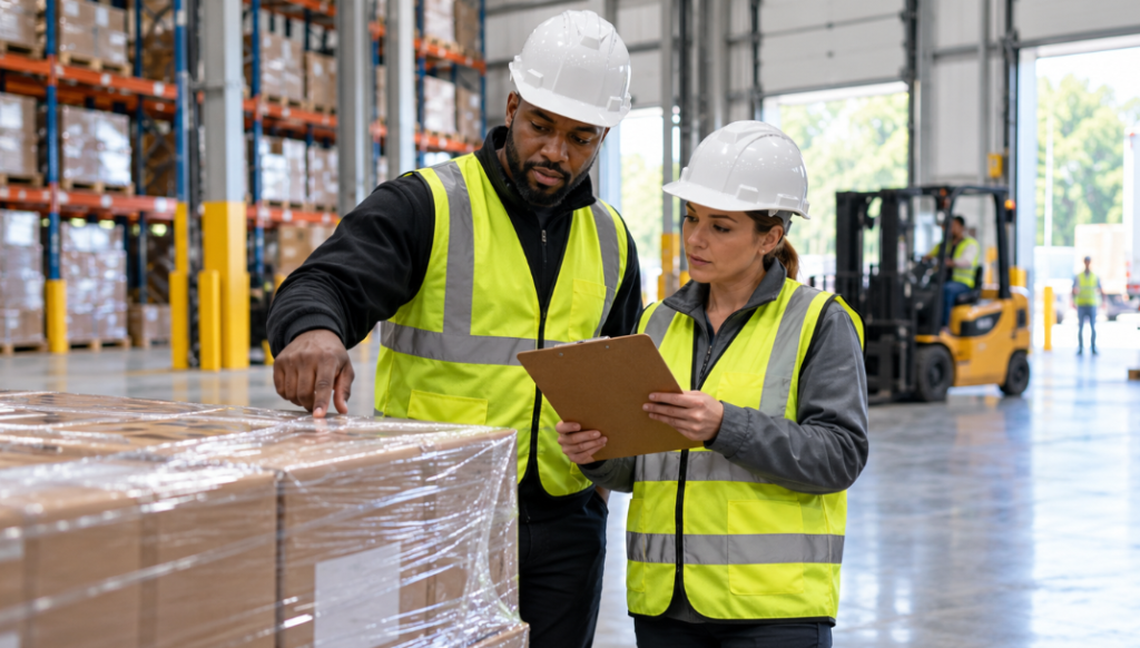 Two warehouse team members review a pallet of boxed goods before a new account launch.