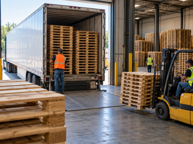 Warehouse team loading wood pallets into a trailer while a forklift carries more pallets across the loading dock.