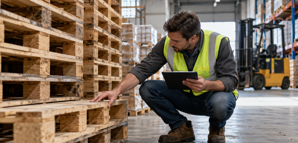 Warehouse-worker-crouches-beside-stacked-wooden-pallets-inspecting-a-pallet-while-holding-a-tablet-in-a-warehouse