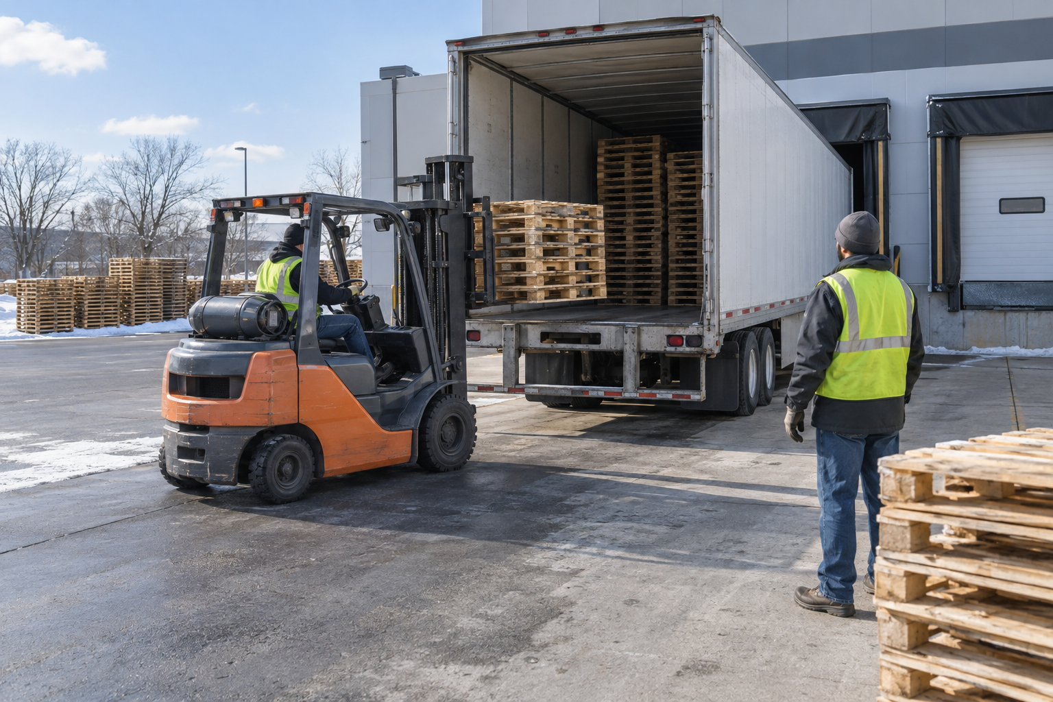 Warehouse workers load used wood pallets into a drop trailer for recycling at an Indianapolis distribution center.