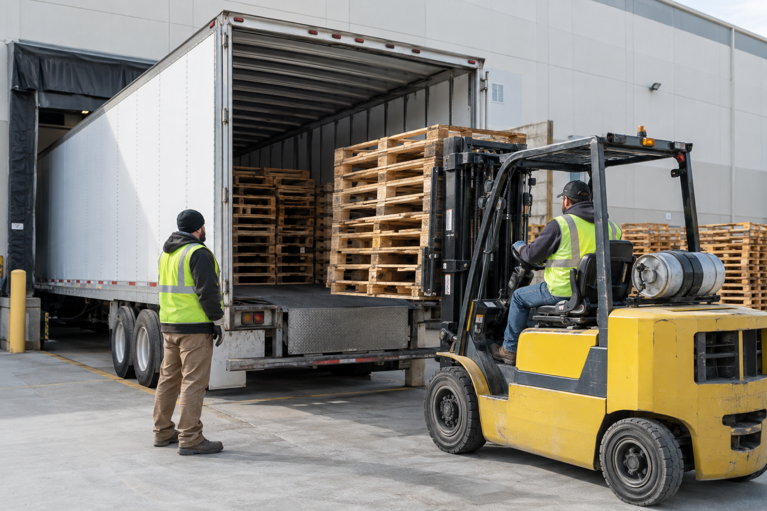 Warehouse workers loading used wooden pallets into an enclosed drop trailer at a Columbus fulfillment center.