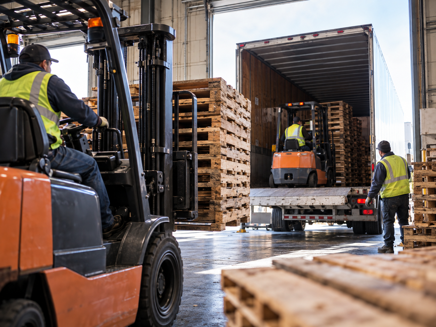 Warehouse workers using forklifts to load used wooden pallets into a drop trailer for recycling.