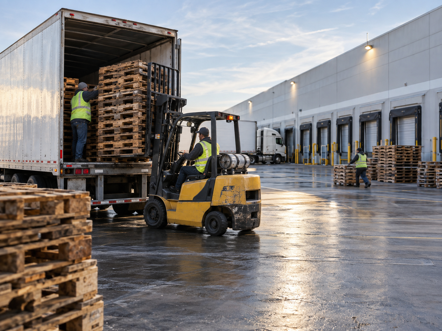 Workers loading used wooden pallets into a drop trailer outside a large distribution facility.